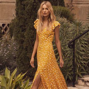Lulus Fresh Picked Mustard Yellow Floral Print Backless Maxi Dress, X-Small